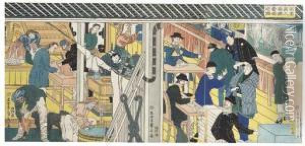 Yokohama Ijin Shokan Uriba No Zu [view Of The Trading Floor In A Foreign Building In Yokohama], A Triptych Depicting In Detail The Interior Of A Trader's House With Two Western Clerks, A Chinese Man Holding Up A Length Of Cloth, Etc. Oil Painting - Sadahide Utagawa