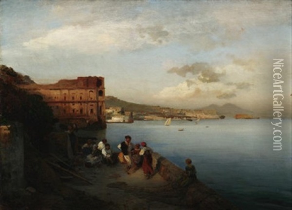 Neapel. Blick Auf Die Bucht Mit Dem Palast Der Konigin Johanna Und Den Vesuv Oil Painting - Albert Flamm