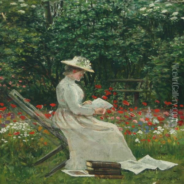 Woman Reading In A Floweringgarden Oil Painting - Anne Marie Hansen