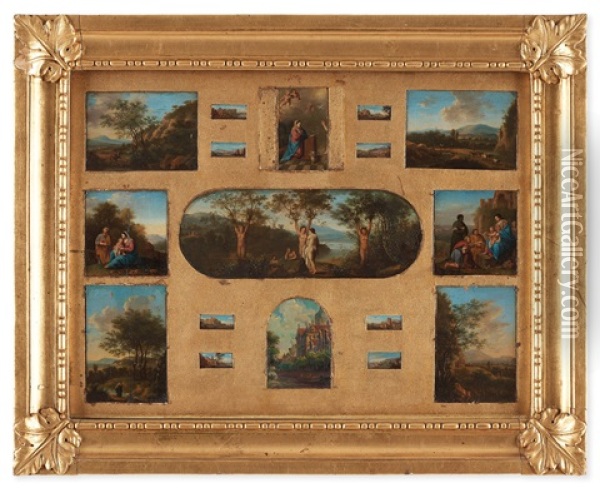 3 Pictures With The Madonna, Antique Scenes Oil Painting - Cornelis Van Poelenburgh