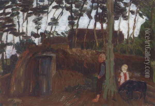 Landschaft Und Bauern Und Kindern Oil Painting - Otto Modersohn