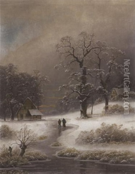 Dorf In Winterlandschaft Oil Painting - Johann Gustav Lange