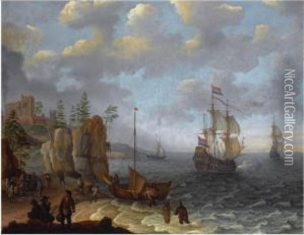 A Beach Scene With Fishermen Unloading The Catch, Two Dutch Merchant Ships Beyond Oil Painting - Isaac Willaerts