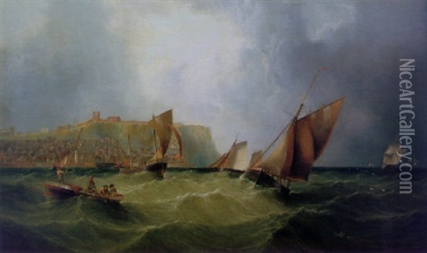 On A Swell At The Mouth Of Scarborough Harbour Oil Painting - Henry Redmore
