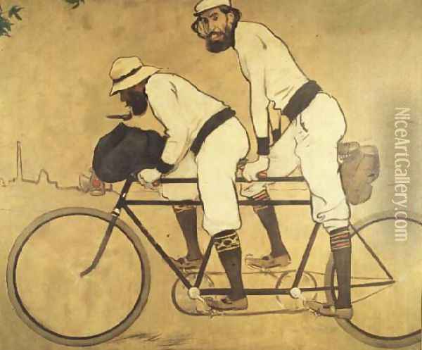 Self Portrait of Casas with Pere Romeu on a Tandem, 1897 Oil Painting - Ramon Casas