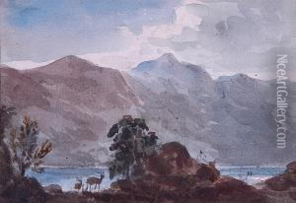 Mountain Lake With Deer Oil Painting - John James Steuart
