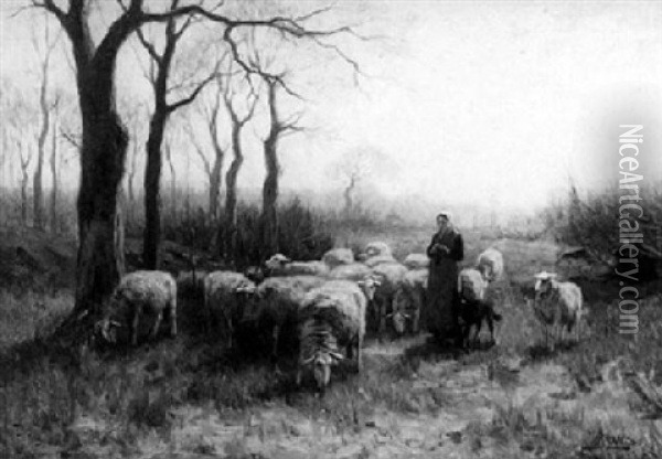 A Shepherdess With Her Flock Oil Painting - Johannes Karel Leurs