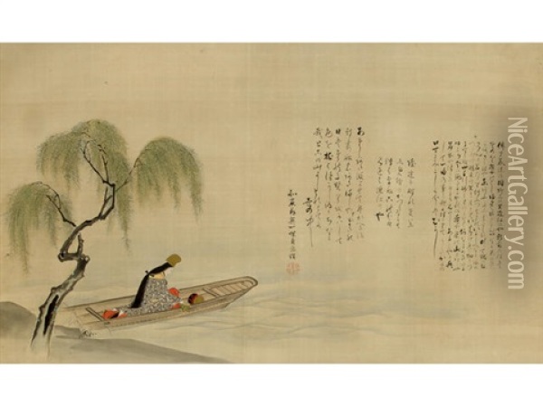 Shirabyoshi Dancer In Asazuma-bune Oil Painting - Hanabusa Itcho