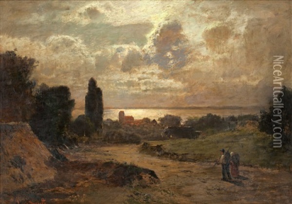 Landskap Med Solnedgang Oil Painting - Louis Douzette
