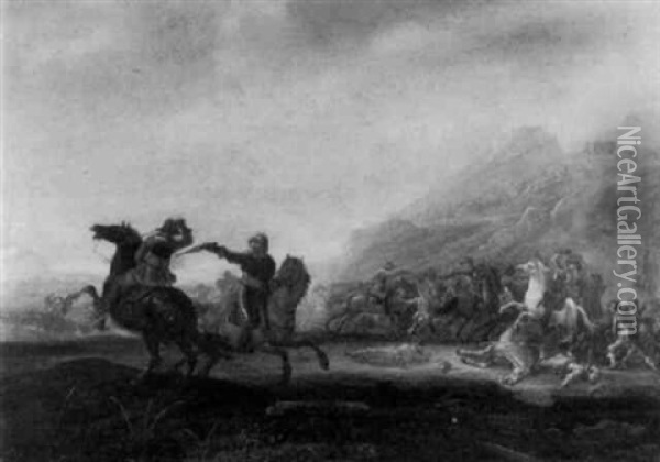 A Calvary Skirmish In A Mountainous Landscape Oil Painting - Abraham van der Hoef