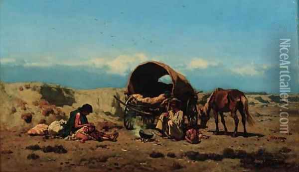 Travellers with their wagon in a landscape Oil Painting - August Xaver Karl von Pettenkofen
