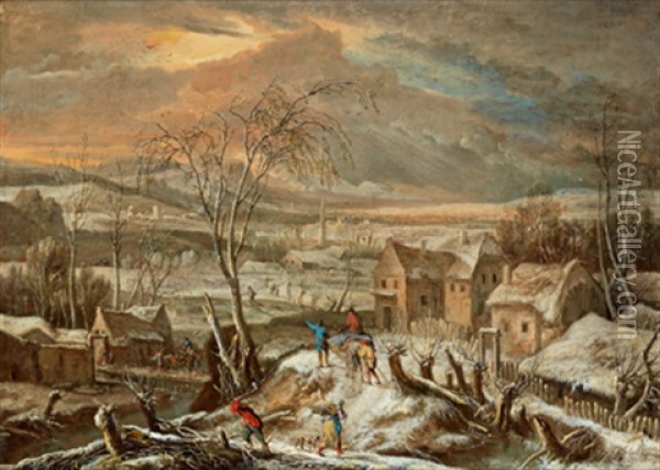 Winterlandschaft Mit Vielen Figuren Oil Painting - Anton Faistenberger