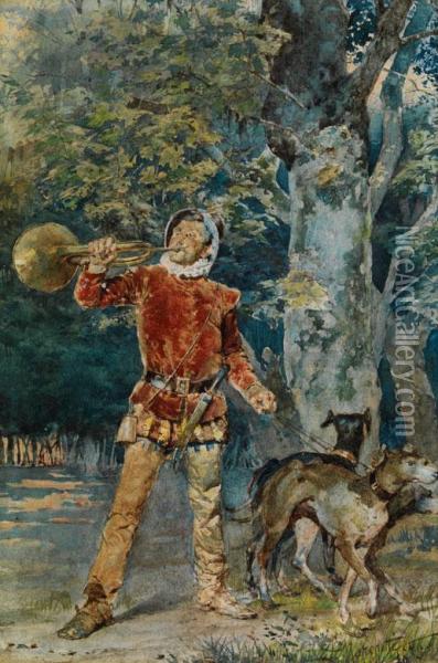 Junger, Mittelalterlich 
Gekleideterjager Mit Jagdhunden Und Jagdhorn Unter Einem Baum Amwaldrand Oil Painting - Ludovico Marchetti