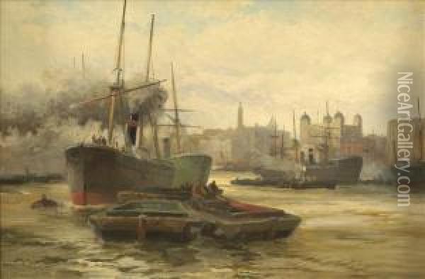 Barges Andmerchantmen On The Thames Oil Painting - Robert Ernest Roe
