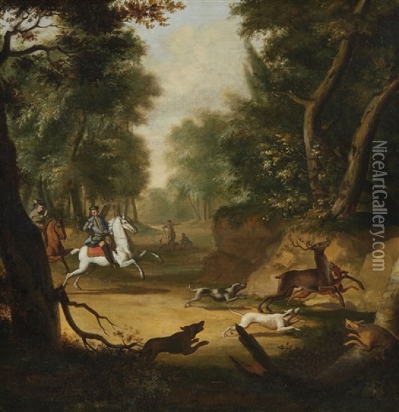 Deer Hunt With Two Huntsmen On Horseback (+ Boar Hunt With Two Beaters And Two Huntsmen On Horseback; 2 Works) Oil Painting - Johann Christian Klengel
