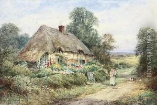 A Mother With Her Child And A Kitten Before A Thatchedcottage Oil Painting - Henry John Sylvester Stannard
