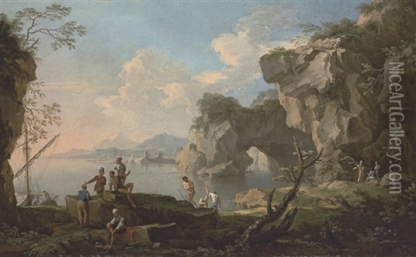 A Coastal Landscape With A Natural Arch, Fishermen In The Foreground Oil Painting - Jacob De Heusch