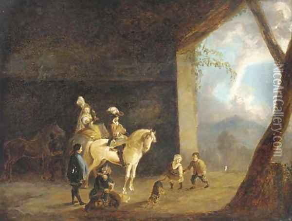 A hawking party setting out from a barn Oil Painting - Philips Wouwerman