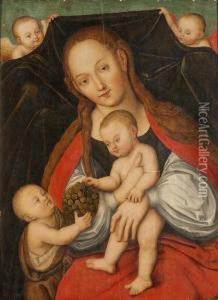 Die Madonna Mit Dem Kinde Und Dem Trauben Bringenden Johannesknaben Oil Painting - Lucas The Younger Cranach