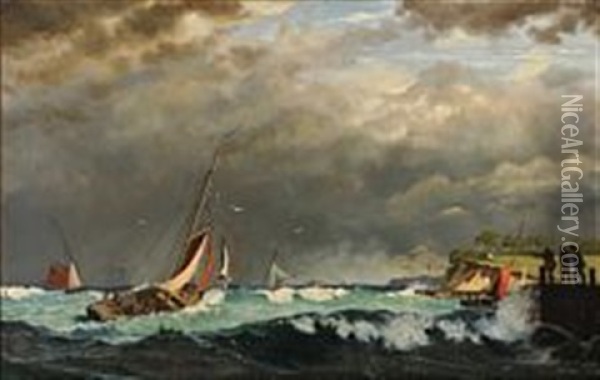 Sailing Boats Off A Harbour In Stormy Weather Oil Painting - Carl (Jens Erik C.) Rasmussen