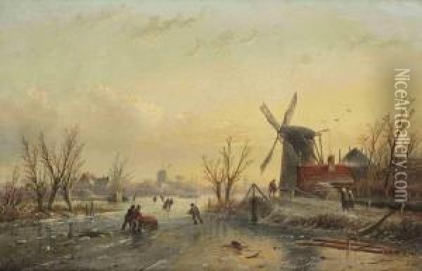 Skaters On The Ice At Sunset, With A Dutch Town In The Distance Oil Painting - Jan Jacob Coenraad Spohler