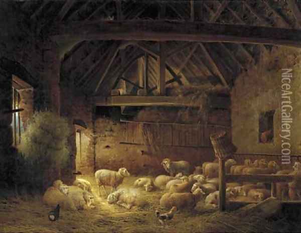 A flock of sheep in a stable Oil Painting - Joseph Augustus Knip