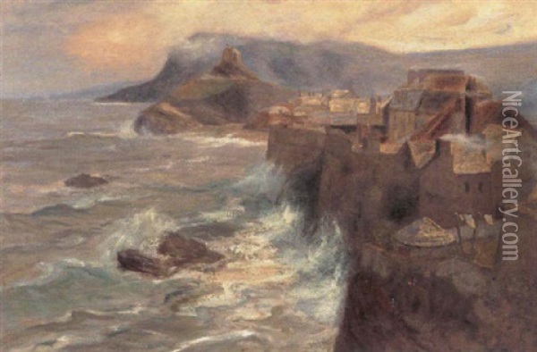 Hojtliggende By Pa Klippefremspring Ved Havet Oil Painting - Hermann Petzet