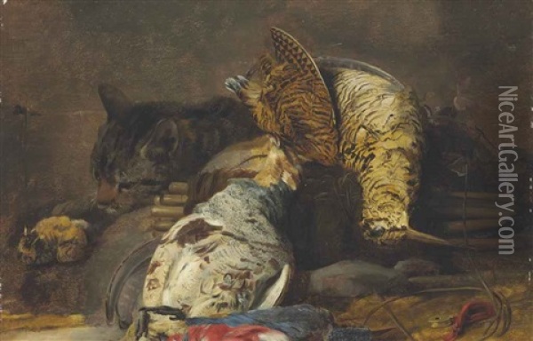 A Woodcock, Partridge, Kingfisher, Finches And A Cat, With A Decoy Whistle And A Wooden Snare Oil Painting - Christiaan Luycks