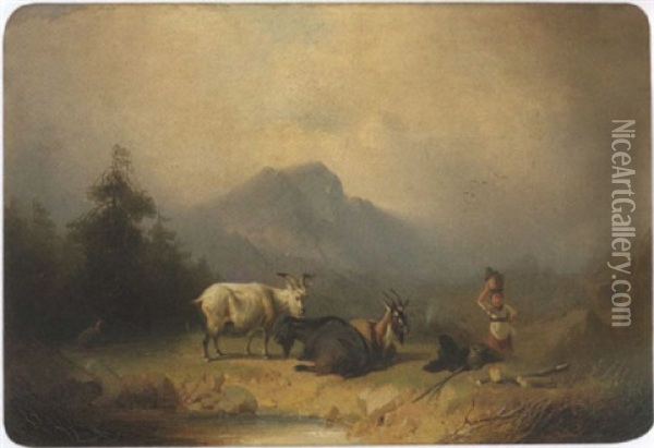 Hirtin Mit Ziegen An Einer Alpentranke Oil Painting - August von Rentzell