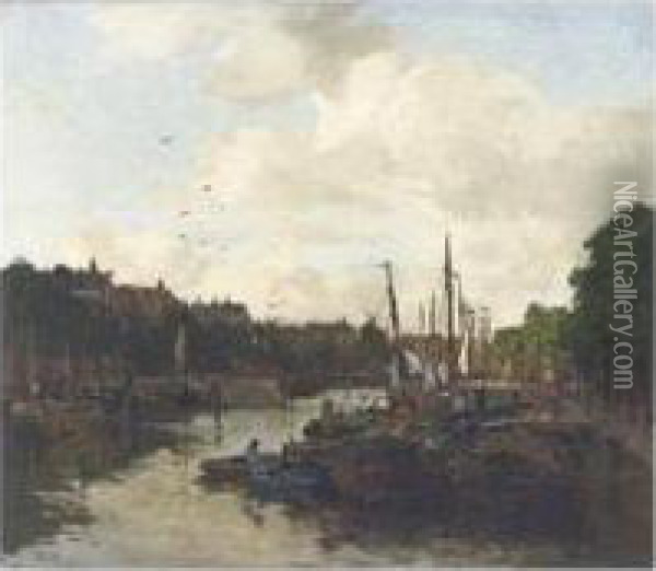 A Harbourscene Oil Painting - Johann Hendrik Van Mastenbroek