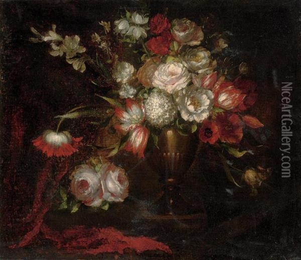 Roses, Tulips, Parrot Tulips, Lilies And Other Flowers In An Urn Oil Painting - Mario Nuzzi Mario Dei Fiori