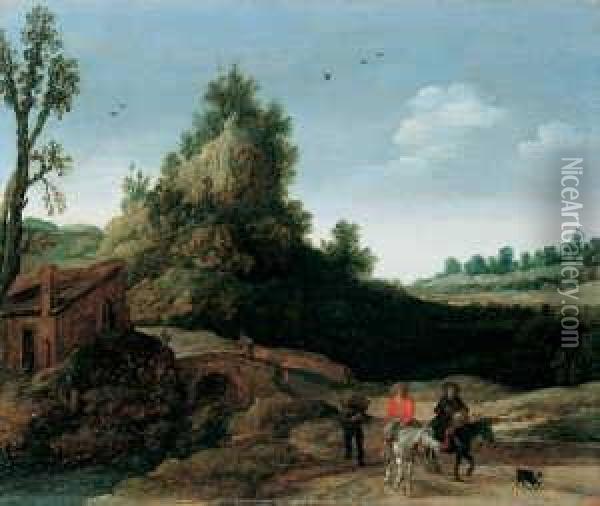Landschaft Mit Zwei Reitern Vor Einem Steilen Berg. Oil Painting - Esaias Van De Velde
