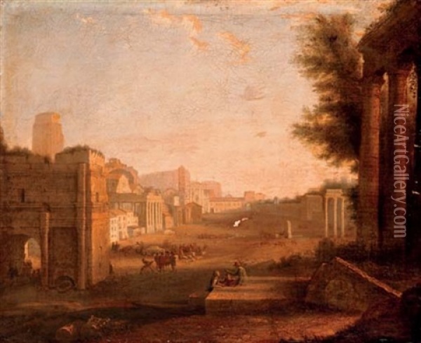 The Roman Forum With Figures Amongst Ruins Oil Painting - Giacomo van (Monsu Studio) Lint