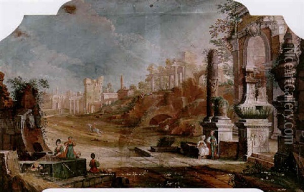 A Capriccio Landscape With Figures Amidst Classical Ruins Oil Painting - Pietro Paltronieri