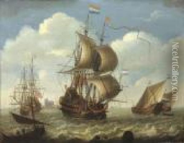 English And Dutch Men-o'-war On The River Merwede, Dordrecht Beyond Oil Painting - Hieronymous Van Diest