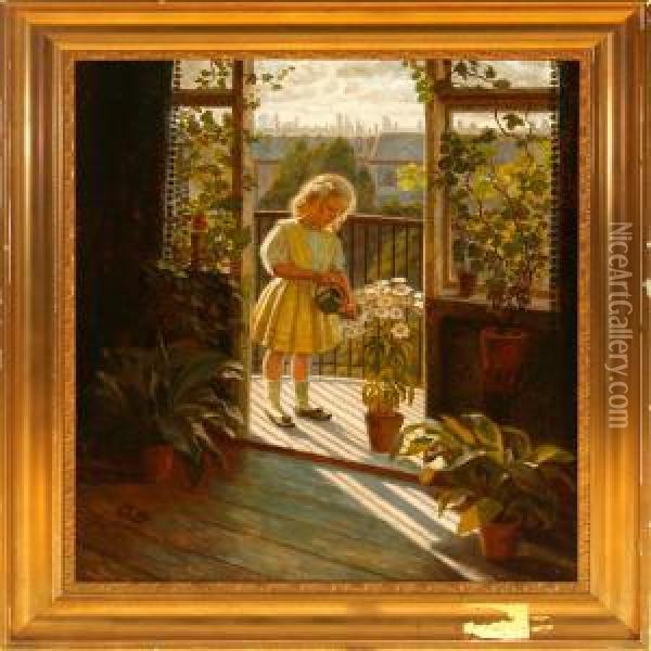 A Little Girl On Abalcony Oil Painting - Caroline Van Deurs