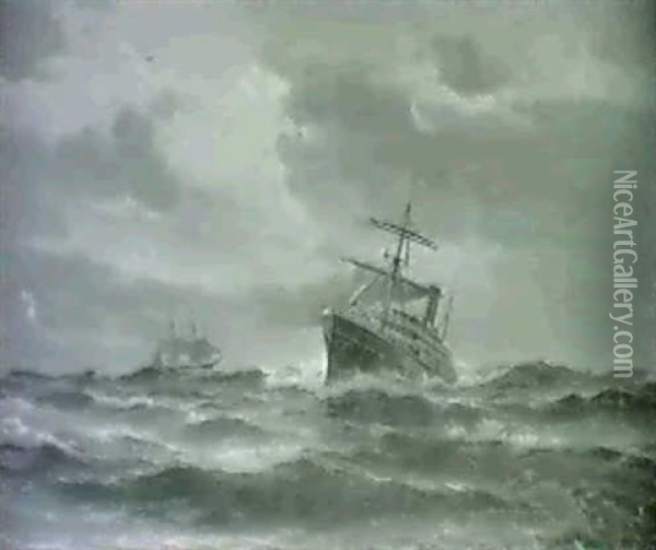Marine Med Dampskib Og Sejler Oil Painting - Vilhelm Victor Bille
