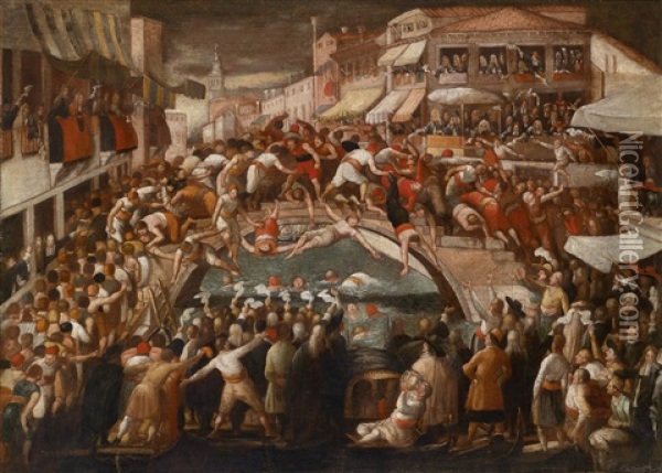 La Lotta Dei Pugni Auf Der Ponte Dei Pugni Im Viertel Dorsoduro In Venedig Oil Painting - Joseph Heintz the Younger