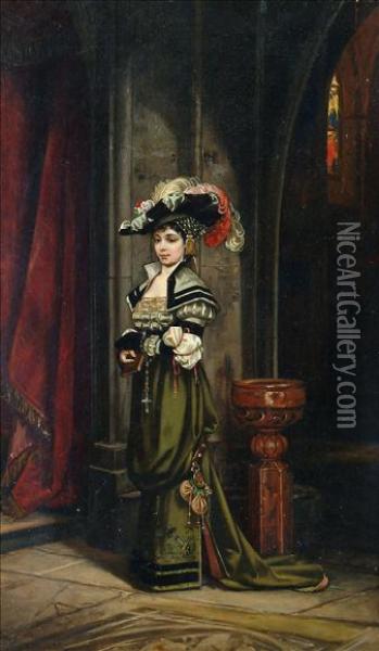 Portrait Ofa Lady In Church Interior Oil Painting - Benjamin Eugene Fichel