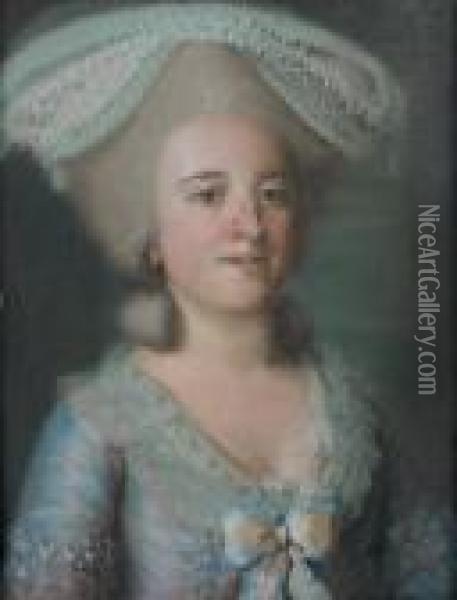 Portrait De Femme En Robe Bleue Oil Painting - Antoine Vestier