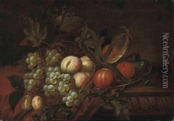 Grapes, Oranges, Peaches And A Pomegranate On A Pewter Platter, Ona Partly-draped Table Oil Painting - Tobias Stranover