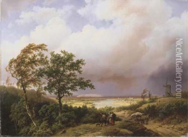 Gelders Landschap Bij Afdrijvende Donderbuij En Brand In De Verte Oil Painting - Barend Cornelis Koekkoek