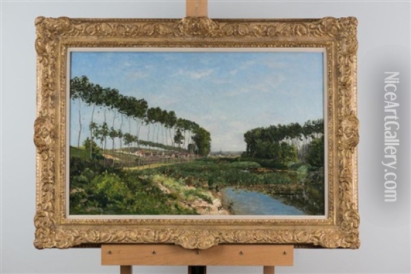 A Tree-lined River Landscape, A Village Beyond Oil Painting - Hippolyte Camille Delpy