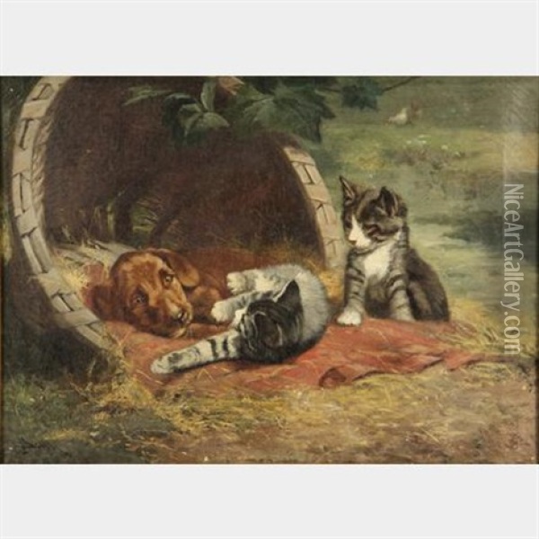 Puppy And Two Kittens In Apple Basket Bed Oil Painting - John Henry Dolph