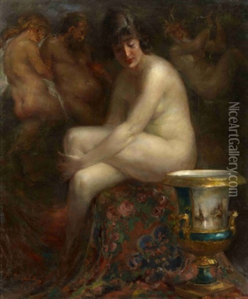 Nude With A Rubens Painting Oil Painting - Vitaly Gavrilovich Tikhov