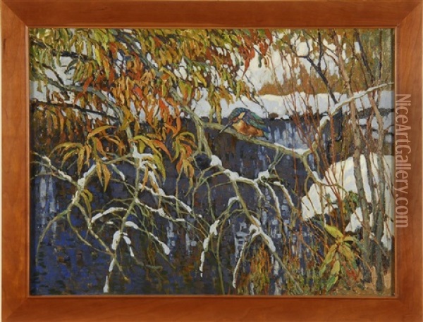 Kingfisher On A Snow-highlighted Tree Branch Oil Painting - Konstantin Semionovich Vysotsky