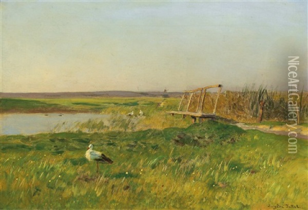 A Springtime Landscape With Storks By A Pond Oil Painting - Eugen Jettel