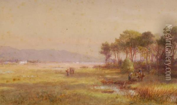 Country Figures In Extensive Tuscany Landscape Near The Mouth Of The River Arno Oil Painting - James Georges Bingley