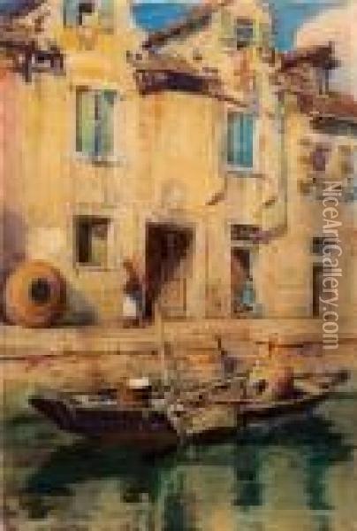 Case Di Pescatori A Murano - 1929 Oil Painting - Vittore Zanetti Zilla