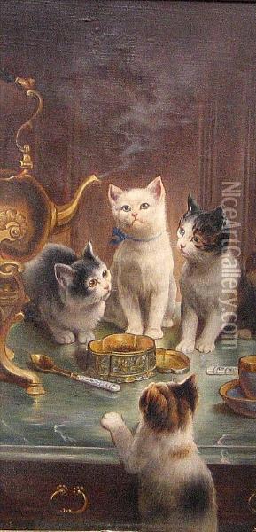 Kittens At The Tea Table Oil Painting - Johann Hartung